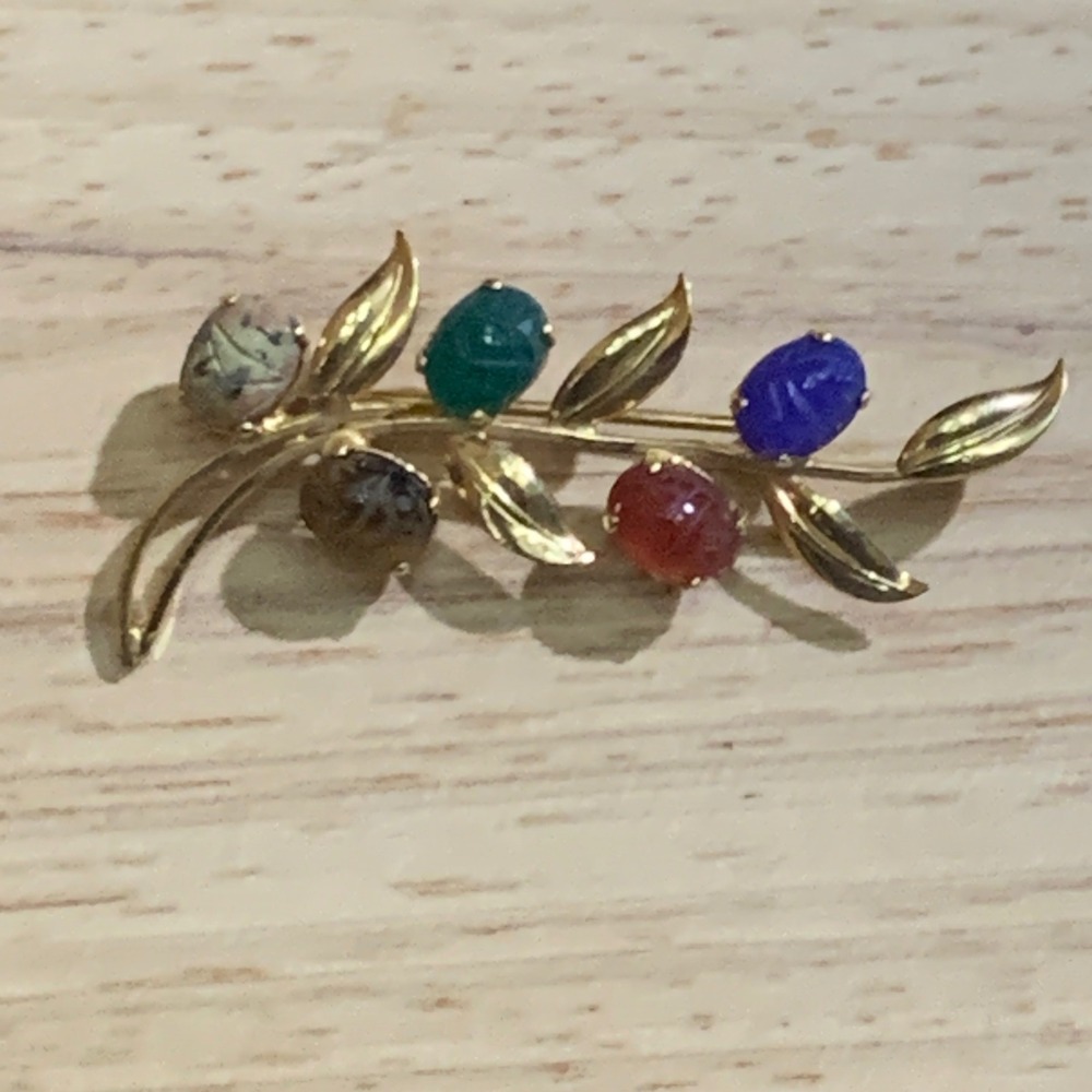 Van Dell Scarab Brooch Women 12K Gold Filled Multi Gemstone Branch Vintage Pin